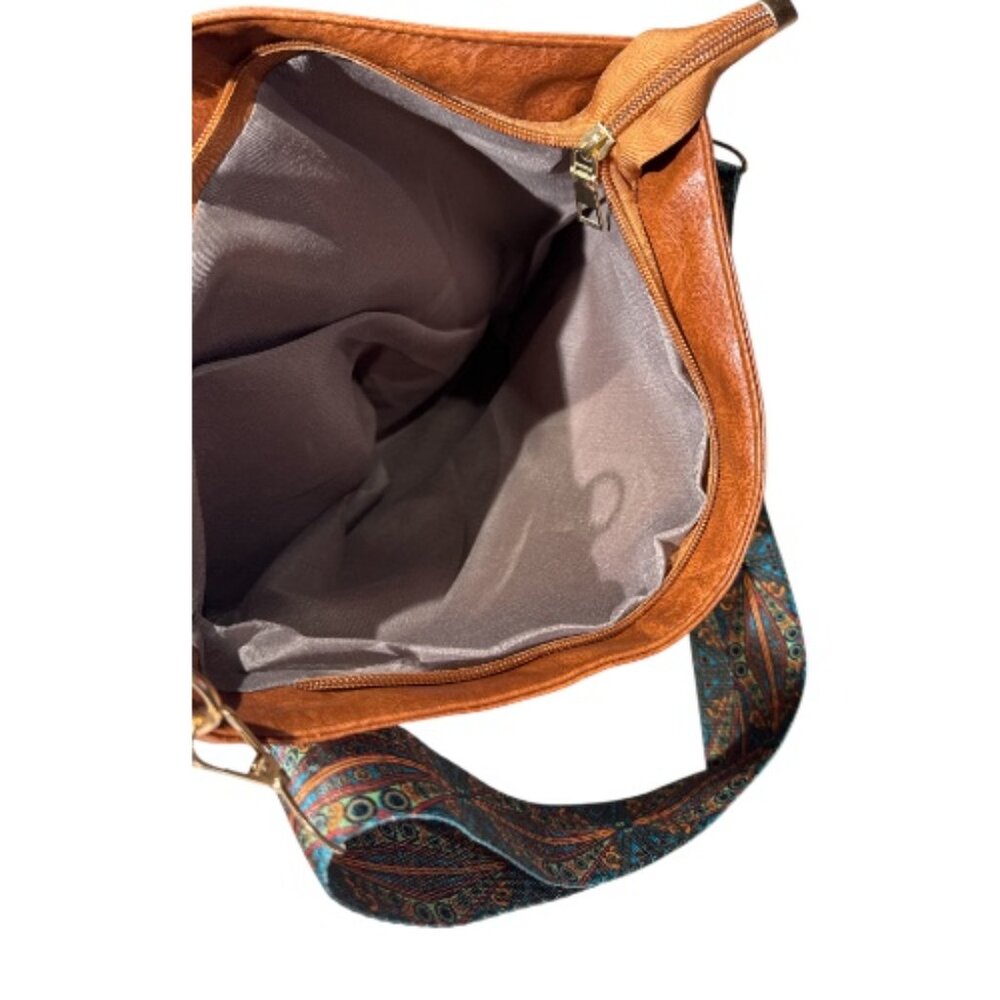 Brown Tote and Wristlet Set with Green Boho Patterned Strap - Picture 7 of 8